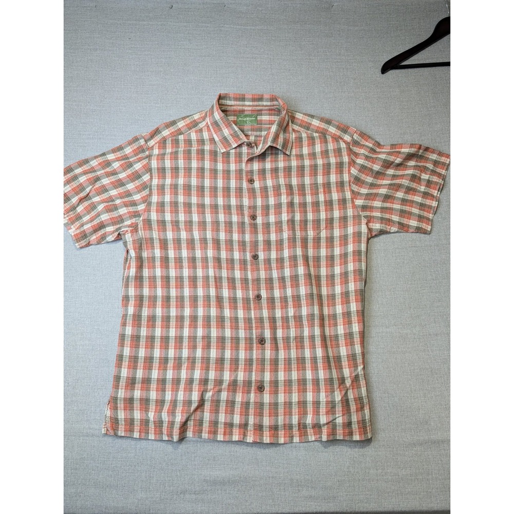 Tommy Bahama Button Down Shirt Mens XL Orange Brown 100% Silk Plaid Short Sleeve